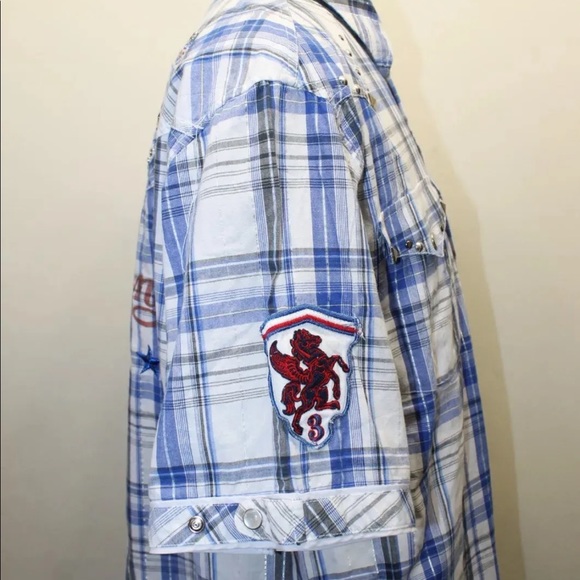 Parish Road Kings Plaid Blue Pearl Snap Metal Studs Embroidered Western Cowboy - Picture 5 of 10